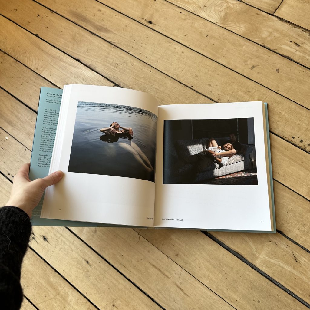 Picture of Memory Orchards book interior showing two page spread of contemporary photographs on the subject of family.