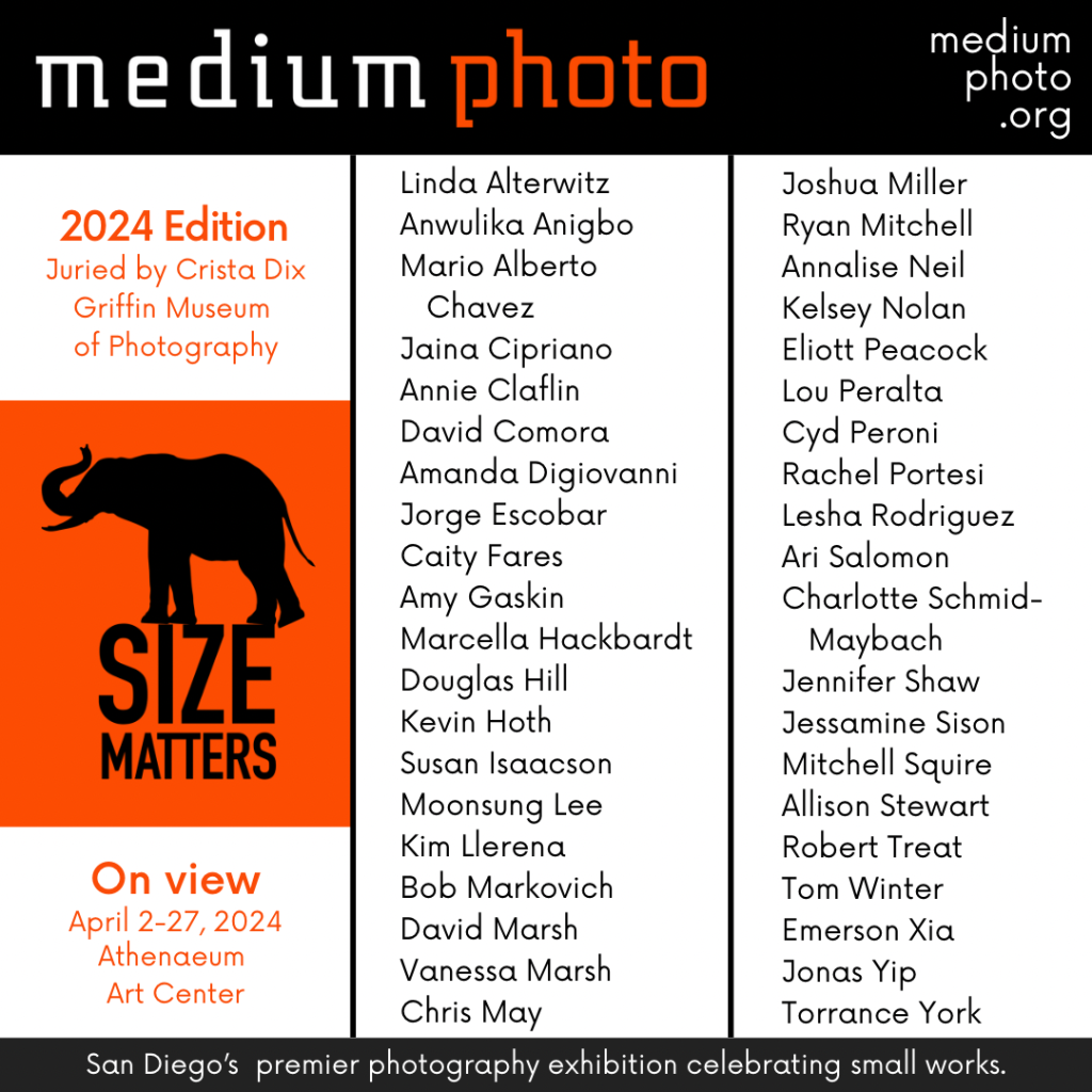 Graphic listing all artists in 2024 Size Matter exhibition - curated by Crista Dix for the Medium Festival of Photography in San Diego, CA. 